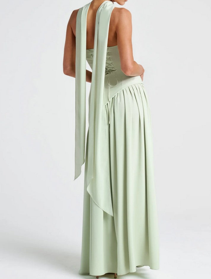 Soleil | Mint Green Wedding Guest Dress Strapless Maxi Gown with Slit & Scarf M Soleil | Mint Green Wedding Guest Dress Strapless Maxi Gown with Slit & Scarf M