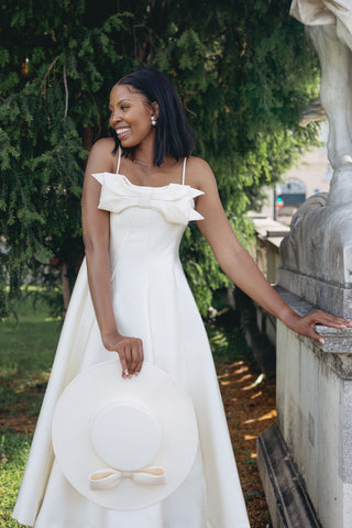 Bridal Mini Cream Ivory Shiny Midi minimalistic Vintage classy elegant dress with Bow - Cielie Vienna