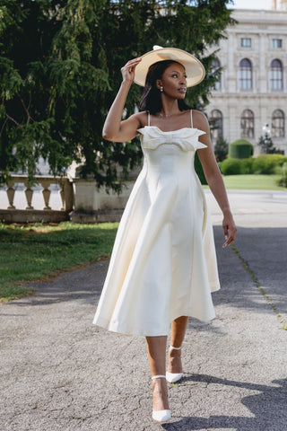 Bridal Mini Cream Ivory Shiny Midi minimalistic Vintage classy elegant dress with Bow - Cielie Vienna