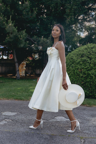 Bridal Mini Cream Ivory Shiny Midi minimalistic Vintage classy elegant dress with Bow - Cielie Vienna