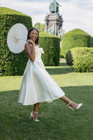 Bridal Mini Cream Ivory Shiny Midi minimalistic Vintage classy elegant dress with Bow - Cielie Vienna