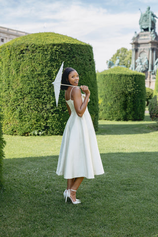 Bridal Mini Cream Ivory Shiny Midi minimalistic Vintage classy elegant dress with Bow - Cielie Vienna