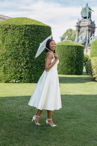 Bridal Mini Cream Ivory Shiny Midi minimalistic Vintage classy elegant dress with Bow - Cielie Vienna