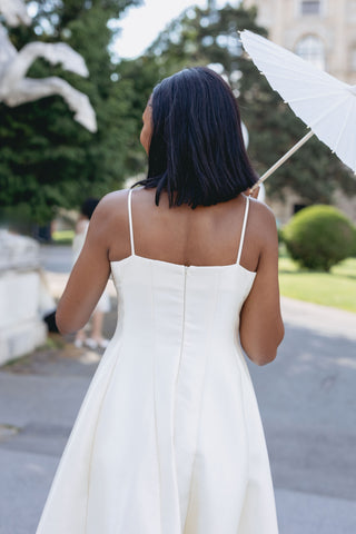 Bridal Mini Cream Ivory Shiny Midi minimalistic Vintage classy elegant dress with Bow - Cielie Vienna