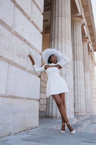 Mini Wedding Dress Second Afterparty Bridal Shower White Longsleeve Strapless Cape Designer Customized Made to order - feather hat -  Cielie Vienna 