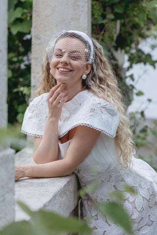 Elegant Luna Bridal Dress Mini - Two-Piece White Wedding Dress with Intricate Floral Lace and Detachable Cape for a Vintage Chic and Modern Sophisticated Bridal Look - Lace Mini Bridal Shower Dress Custom Design - Cielie Vienna