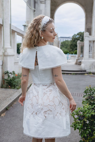 Elegant Luna Bridal Dress Mini - Two-Piece White Wedding Dress with Intricate Floral Lace and Detachable Cape for a Vintage Chic and Modern Sophisticated Bridal Look - Lace Mini Bridal Shower Dress Custom Design - Cielie Vienna DalmaLuna Kitti