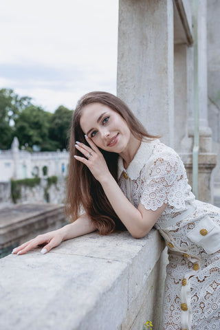 Ivory Midi Cream White Lace Dress Summer Gold Button Guipure French Vintage Oldmoney Style Chic Selfportrait Style Similar brand Sale alternative, modern bridal dress, rehersal dress, civil wedding dress elegant minimal - Cielie Vienna 