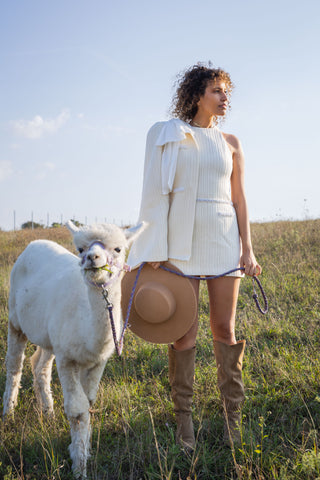 Cream Beaded Knit Wool Tweed Dress Mini Autumn Fall Dress Cream Chanel Style Alpaca Farm Model - Cielie Vienna