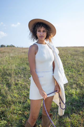 Cream Beaded Knit Wool Tweed Dress Mini Autumn Fall Dress Cream Chanel Style Alpaca Farm Model - Cielie Vienna