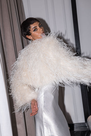 White ostrich feather bridal jacket for wedding dress – luxury ivory feather coat