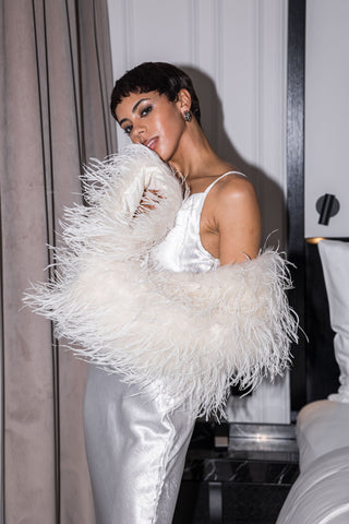 White ostrich feather bridal jacket for wedding dress – luxury ivory feather coat