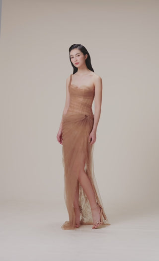 Model wearing a brown coffee  tulle lace dress with asymmetrical one-shoulder strap, fitted bodice, and draped skirt, perfect for summer weddings and special occasions. Lace Mesh Tulle Dress Bridesmaids brown coffee  - Cielie Vienna 