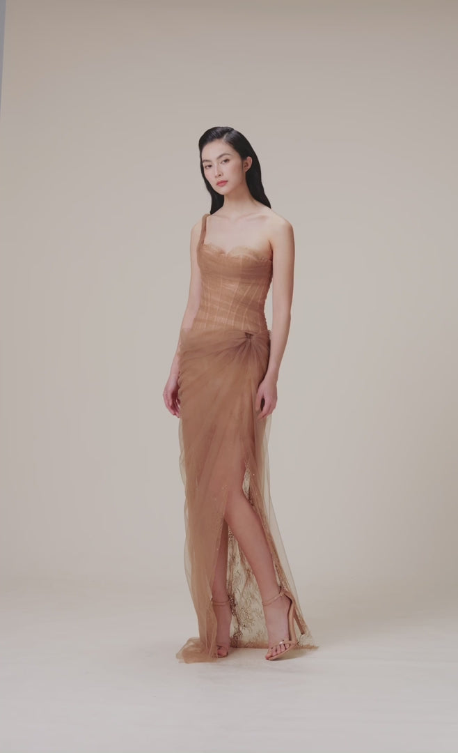 Model wearing a brown coffee  tulle lace dress with asymmetrical one-shoulder strap, fitted bodice, and draped skirt, perfect for summer weddings and special occasions. Lace Mesh Tulle Dress Bridesmaids brown coffee  - Cielie Vienna 