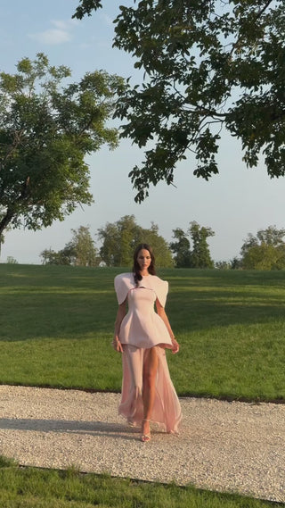 Vivienne blush pink convertible 3-piece dress set with structured mini dress, detachable chiffon maxi skirt and statement cape, ideal for wedding guests, bridesmaids, bridal events and formal occasions