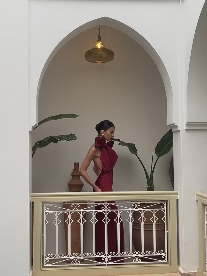 Red Satin backless dress with scarf winered burgundy