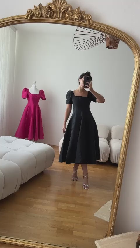 Vintage style Dior-inspired elegant black cocktail dress, midi A-line flared gown, Cielie Vienna designer fashion, perfect for rentals, balls, and shopping in Vienna.