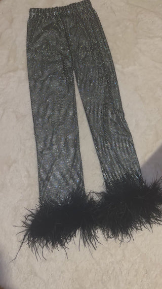 Glitter Mesh Crsytal Pants with Feathers