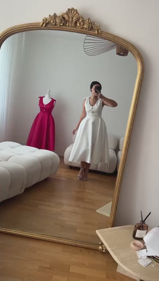 White Cocktail Dress - Bridal Dress Engagement Dress Midi Elegant Clean - Cielie Vienna Fashion Brand 