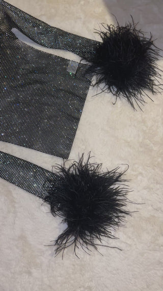 Crystal Top Mesh Ostrich Feathers Black 