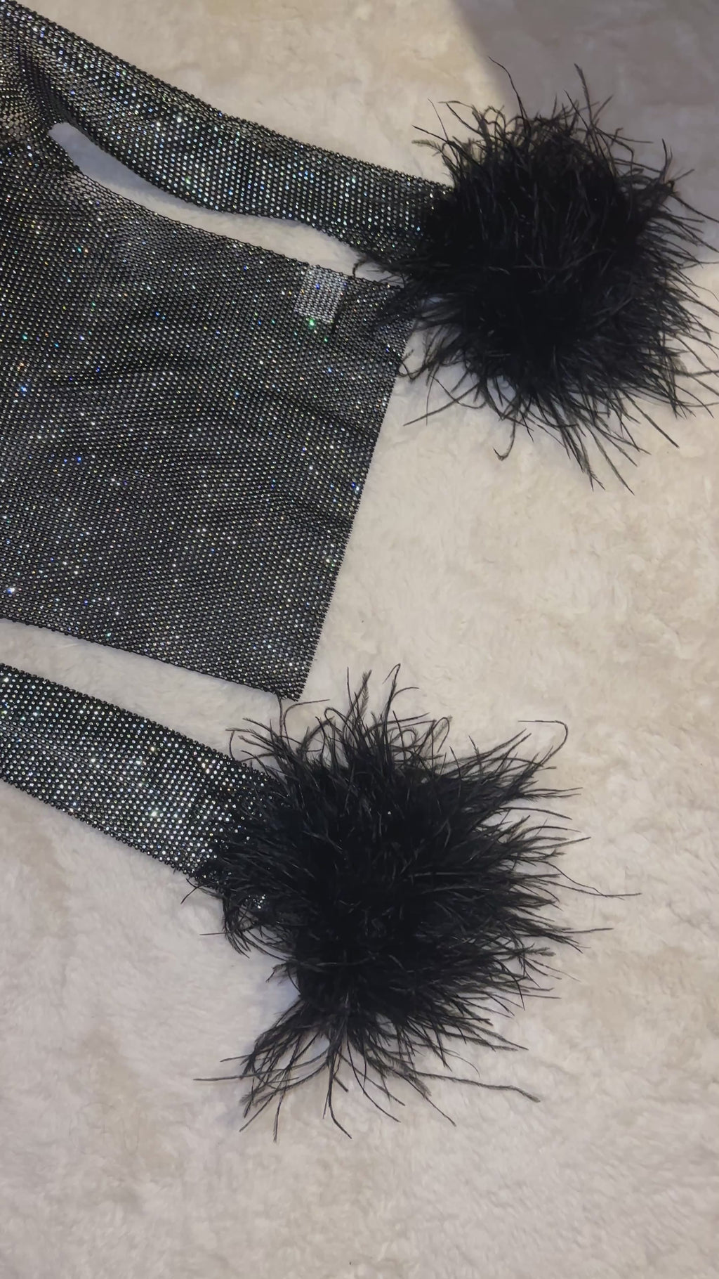 Crystal Top Mesh Ostrich Feathers Black 