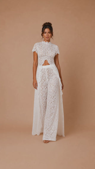 Ivory lace two piece set with asymmetrical lace top and wide leg lace trousers, elegant bridal outfit, modern wedding alternative, luxury lace occasion wear.
