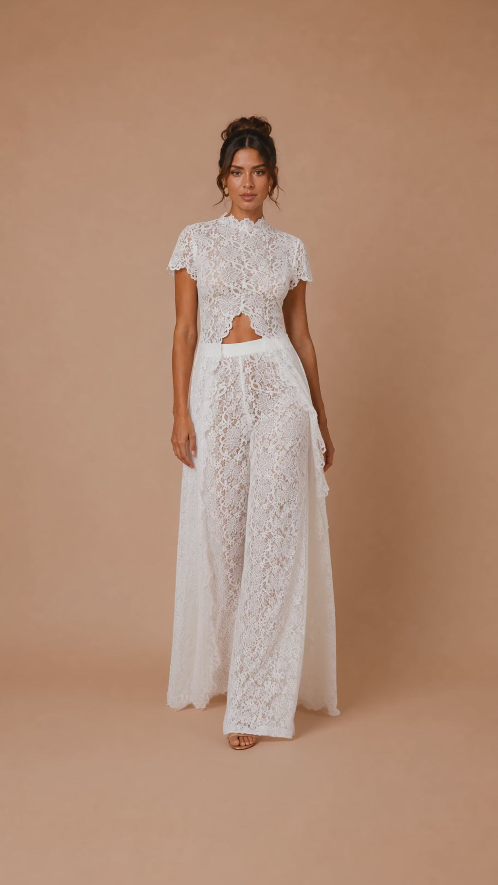 Ivory lace two piece set with asymmetrical lace top and wide leg lace trousers, elegant bridal outfit, modern wedding alternative, luxury lace occasion wear.