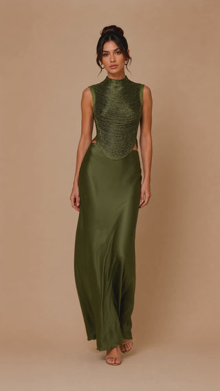 Olive green fringe top and satin maxi skirt set, elegant wedding guest outfit, formal occasionwear co-ord, cocktail party ensemble, luxury evening look. Taraji Beaded Top