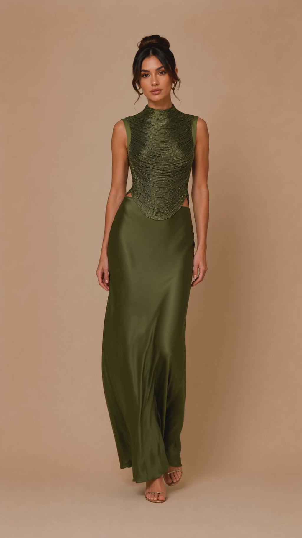 Olive green fringe top and satin maxi skirt set, elegant wedding guest outfit, formal occasionwear co-ord, cocktail party ensemble, luxury evening look. Taraji Beaded Top