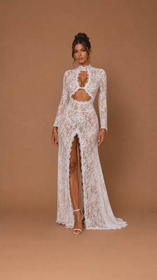 eleanor Lace gown - maxi Lacedress cutout Ivory floral lace maxi dress with long sleeves, high neckline, dramatic cut-out details and thigh-high slit, elegant bridal and occasionwear gown.