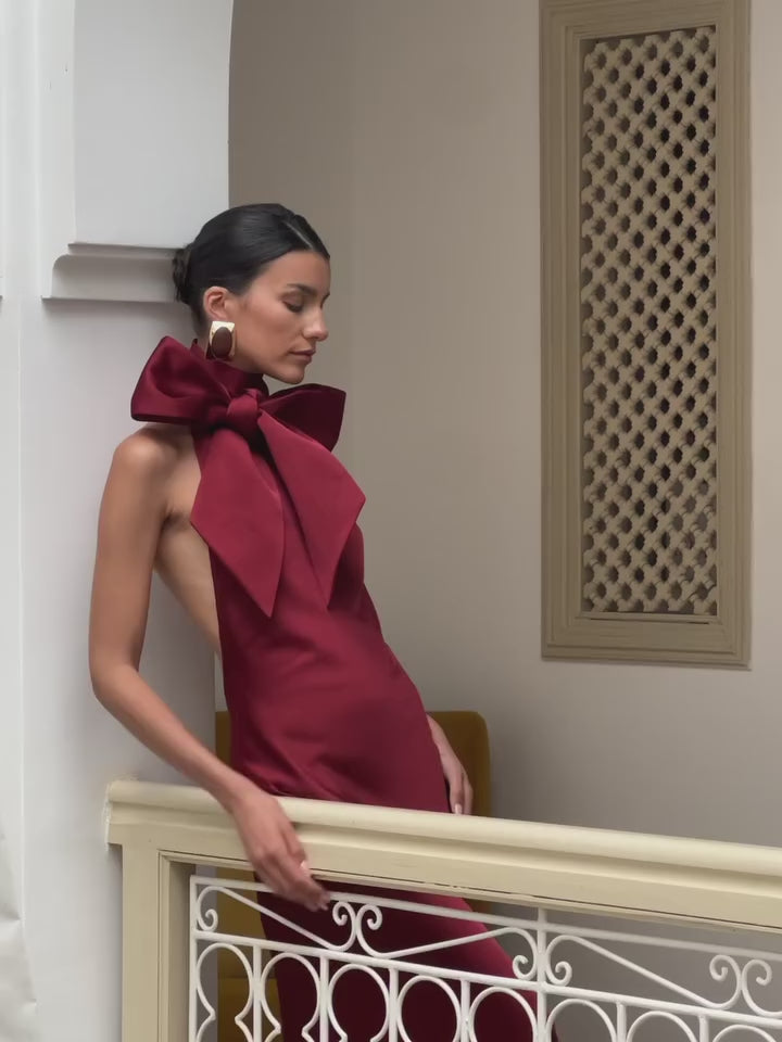 Red Bow dress Satin Silk burgundy winered