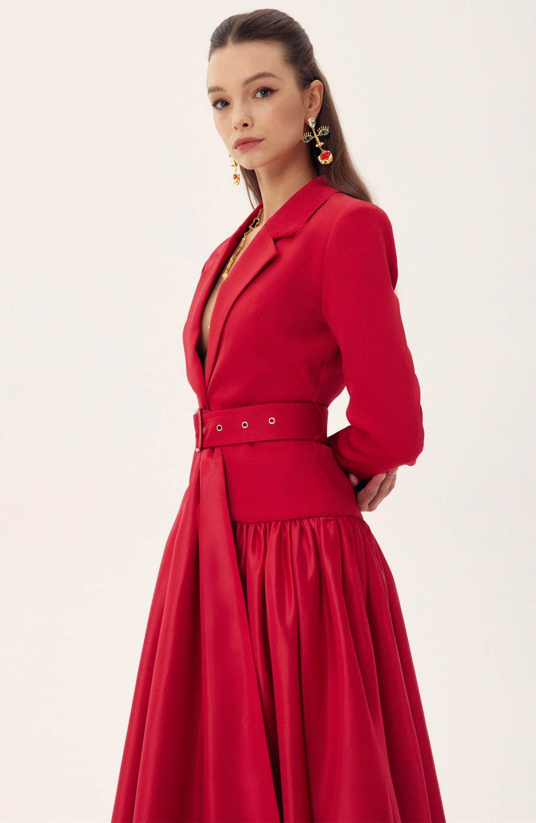 Marcelina | Pleated Satin Blazer Midi Dress Red M / Black Marcelina | Pleated Satin Blazer Midi Dress Red M / Black