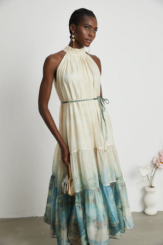 Wedding Guest Dress beige Blue Summer Midi Maxi Lenght Flared Floral Tulle Chiffon- Cielie Vienna