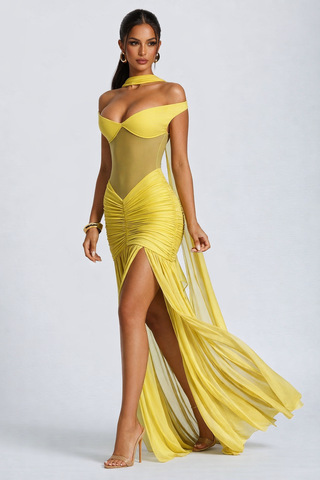 Woman wearing a yellow evening gown with a sheer overlay on a white background