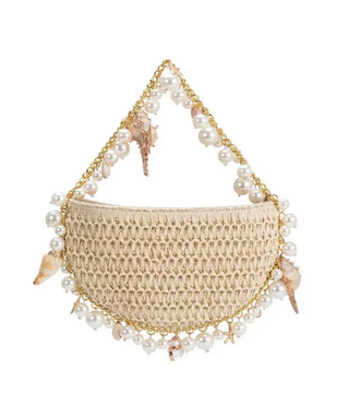 Strand Sommer Rattan Stroh Perle Muschel Halbmond Stroh Mini Schultertasche 