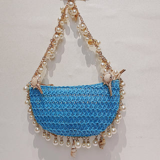 Bach Bag Rattan Blue Seashell Pearls Summer