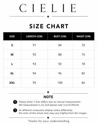 Cielie size chart for clothing measurements in centimeters