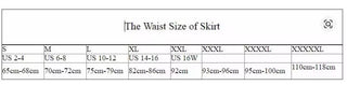 Waist size chart for skirts with measurements in centimeters and corresponding US sizes.