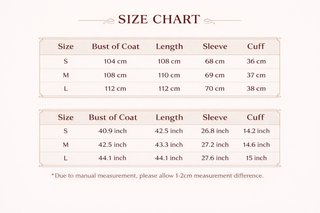 Size chart for a coat with measurements in centimeters and inches.