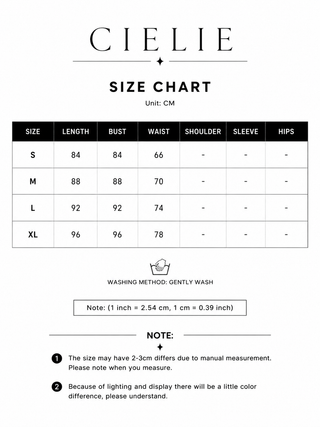 Cielie size chart for clothing measurements in centimeters