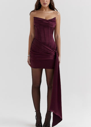 Burgundy strapless satin mini dress with corset fit – Somela party dress Satin