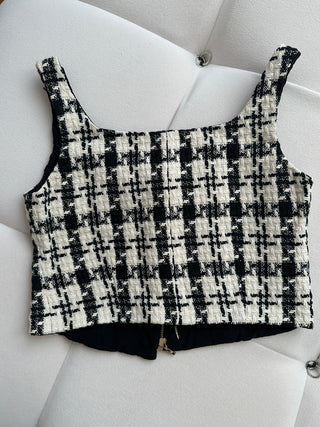 Tweed Croptop Black White with gold button Details - Cielie Vienna