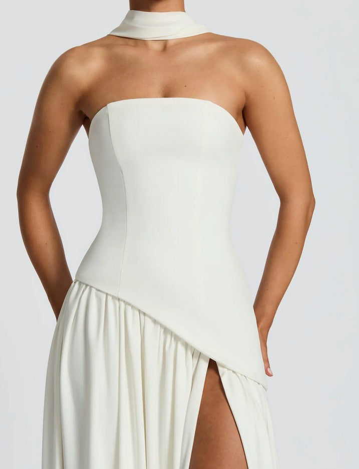 Soleil | White Strapless Maxi Dress with scarf Stretch Bodice & Chiffon Skirt L Soleil | White Strapless Maxi Dress with scarf Stretch Bodice & Chiffon Skirt L