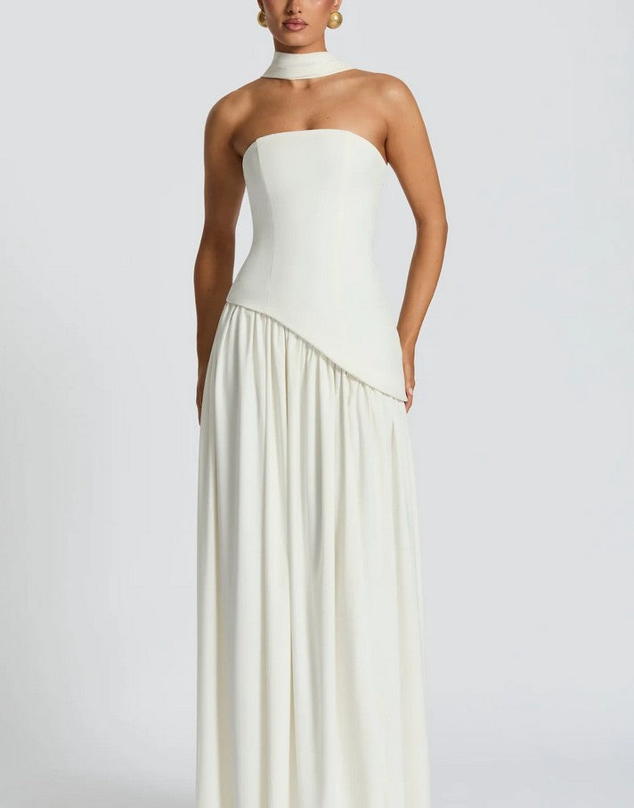 Soleil | White Strapless Maxi Dress with scarf Stretch Bodice & Chiffon Skirt L Soleil | White Strapless Maxi Dress with scarf Stretch Bodice & Chiffon Skirt L