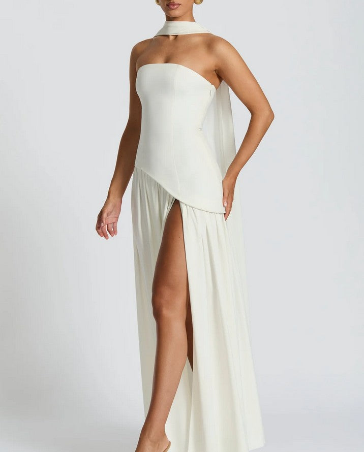 Soleil | White Strapless Maxi Dress with scarf Stretch Bodice & Chiffon Skirt L Soleil | White Strapless Maxi Dress with scarf Stretch Bodice & Chiffon Skirt L