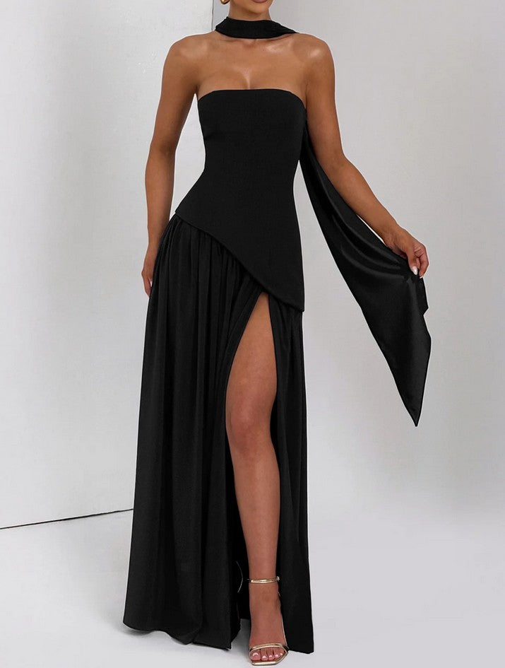 Soleil | Black Strapless Maxi Dress with scarf Stretch Bodice & Chiffon Skirt Cielie Soleil | Black Strapless Maxi Dress with scarf Stretch Bodice & Chiffon Skirt Cielie