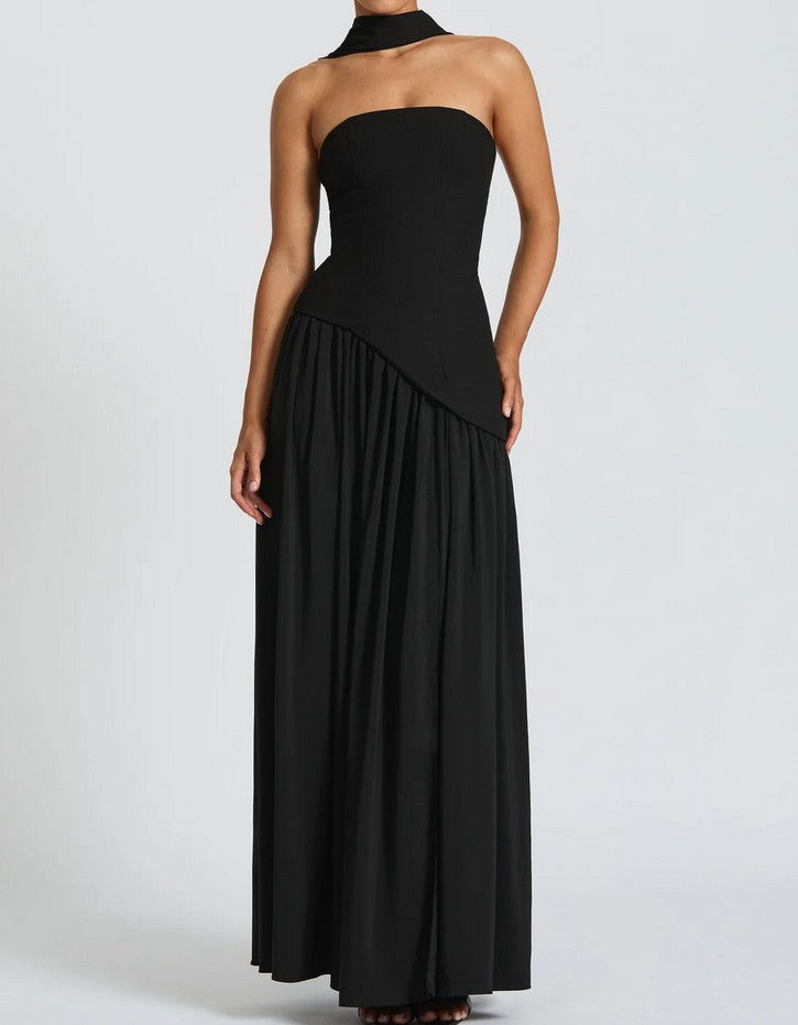 Soleil | Black Strapless Maxi Dress with scarf Stretch Bodice & Chiffon Skirt S Soleil | Black Strapless Maxi Dress with scarf Stretch Bodice & Chiffon Skirt S