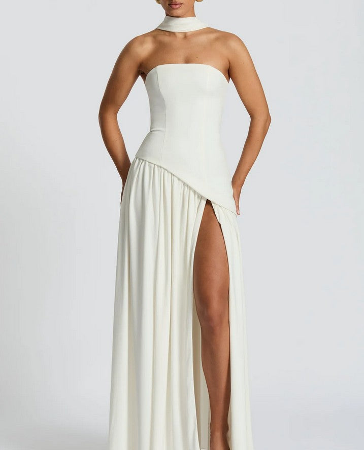 Soleil | White Strapless Maxi Dress with scarf Stretch Bodice & Chiffon Skirt Cielie Soleil | White Strapless Maxi Dress with scarf Stretch Bodice & Chiffon Skirt Cielie