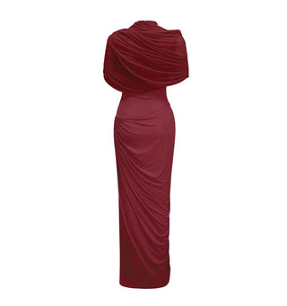 Red evening gown with draped design on a white background