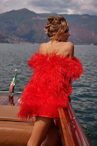 Red Off-Shoulder Ostrich Feather Mini Dress – Available for Vienna Dress Rental and Photoshoots. Luxurious 100% ostrich feathers with a bold, glamorous design perfect for special occasions, parties, and festive events.